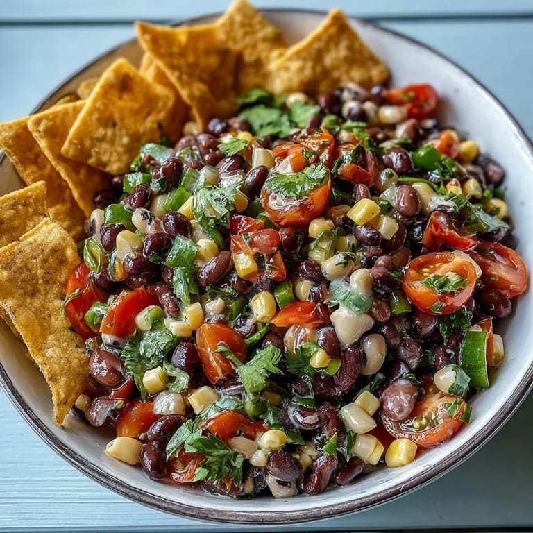 Serving suggestion for Cowboy Caviar as a vibrant side salad next to grilled chicken on a rustic plate.