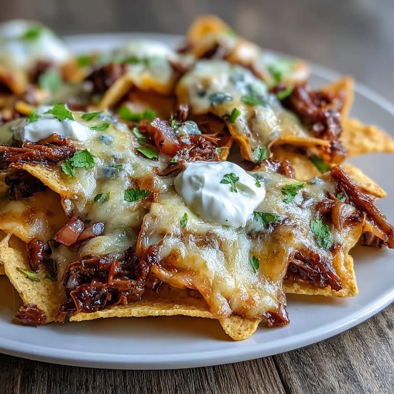 Freshly baked BBQ Beef Nachos with tender beef, gooey cheese, tomatoes, and avocado, arranged on a baking sheet for a party snack.