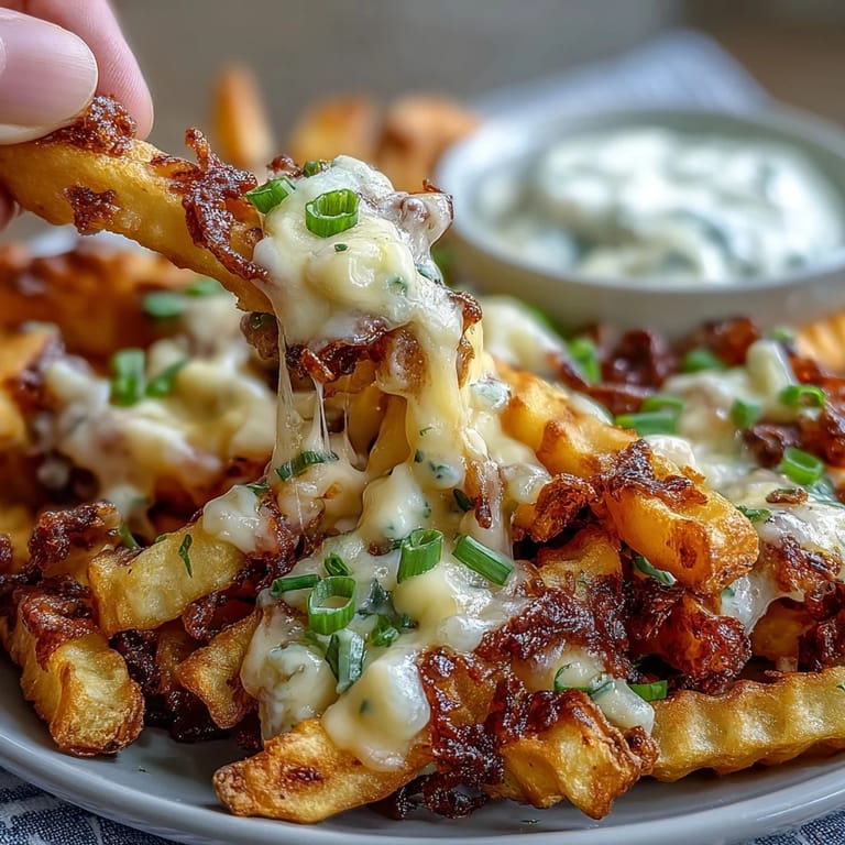 Serving platter of hot Cheesy BBQ Fries with Ranch Dip, perfect for a game-day snack, garnished with fresh herbs and ready to be enjoyed.