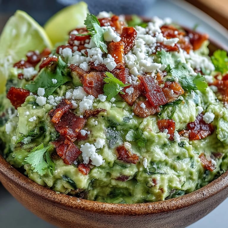 A bowl of Bacon Guacamole with Cotija Cheese garnished with crispy bacon crumbles and chopped cilantro for color.