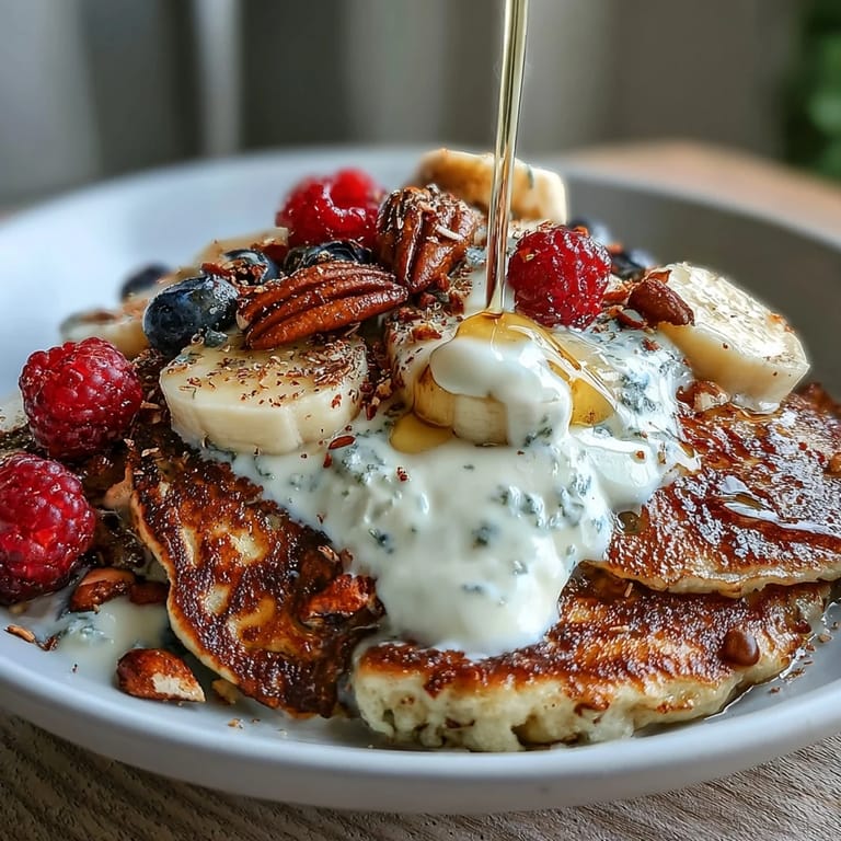 Close-up of a Protein Pancake Bowl showing a thick, warm pancake blended with oats and protein powder, finished with sweet berries and seeds.