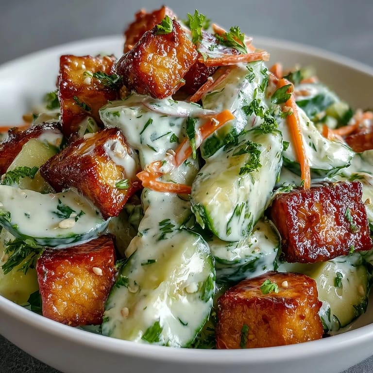 Golden pan-fried tofu adds protein to this refreshing Creamy Asian Cucumber Salad.