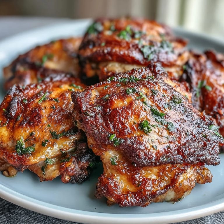 Perfectly cooked baked bone-in chicken thighs sit on a platter with roasted vegetables, showcasing succulent dark meat and a flavorful pan drippings.