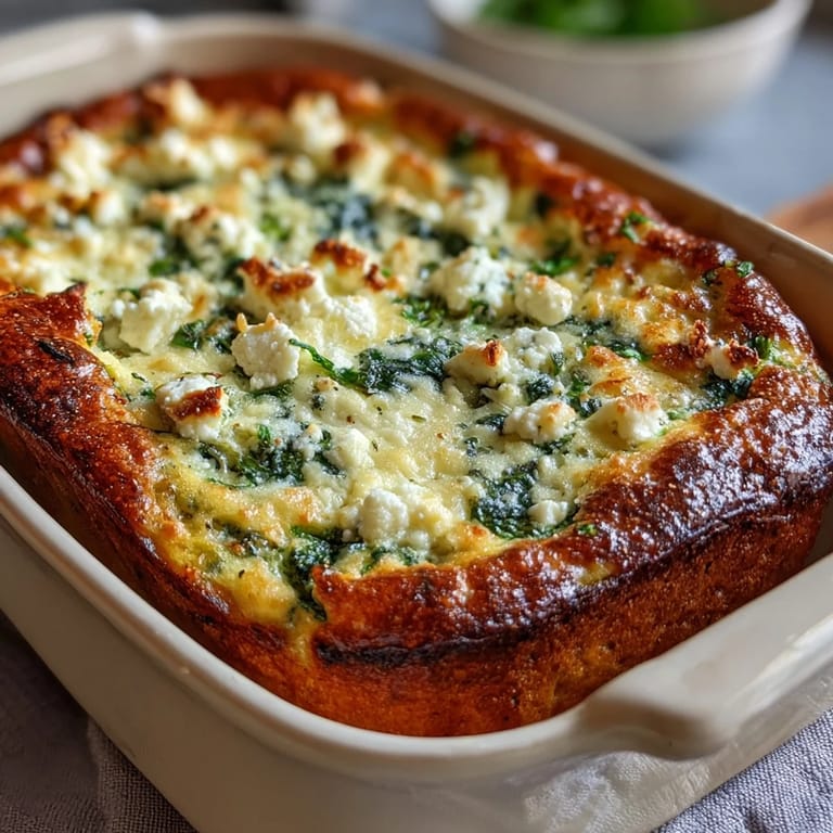 Close-up of High Protein Spinach Artichoke Bake showing feta, spinach, and artichoke chunks in a rich, cheesy base.