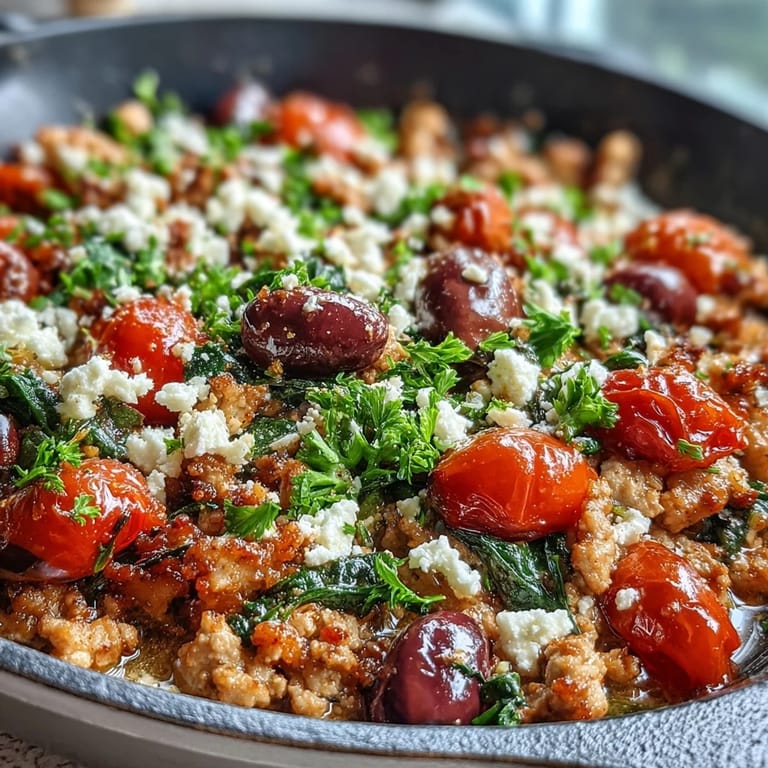 In a skillet, Mediterranean Keto Ground Chicken Skillet with Olives and Feta simmers with bright cherry tomatoes and briny olives.