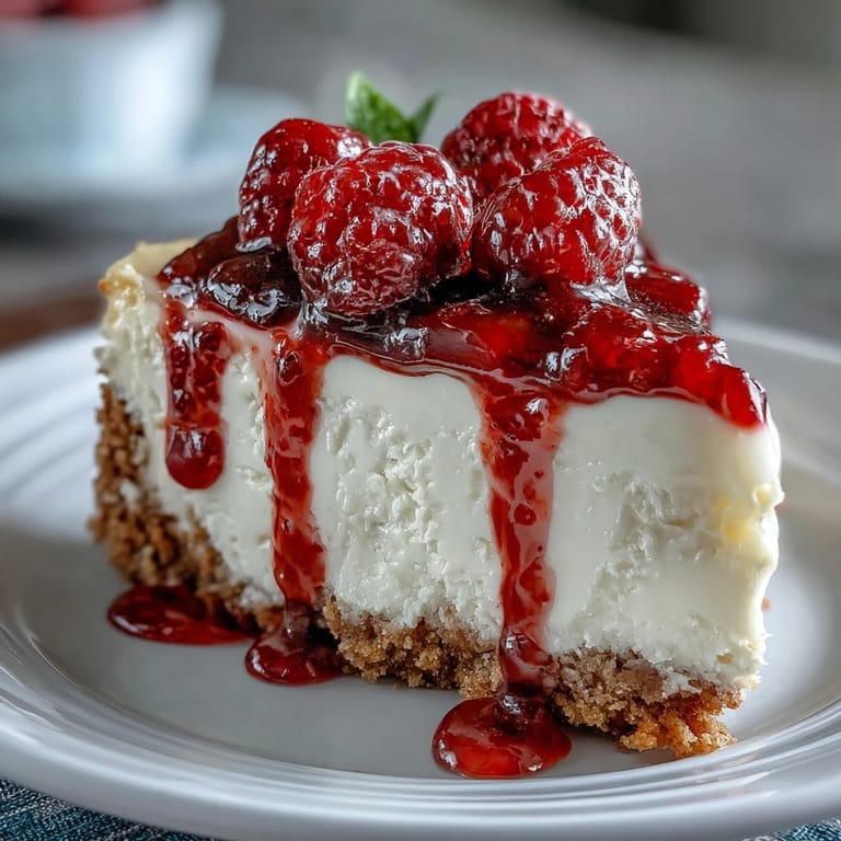 Homemade Indulgent White Chocolate Raspberry Cheesecake Bliss with a golden graham cracker crust and tangy raspberry sauce.