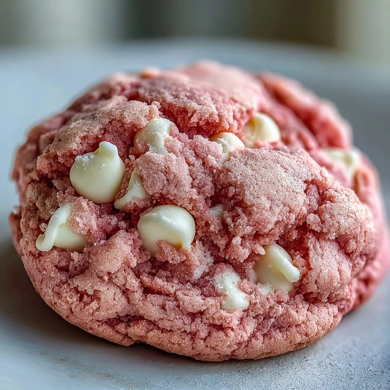 A close-up of Pink Velvet Cookies showing cracked tops and melting white chocolate chips, with more chips sprinkled on top for decoration.