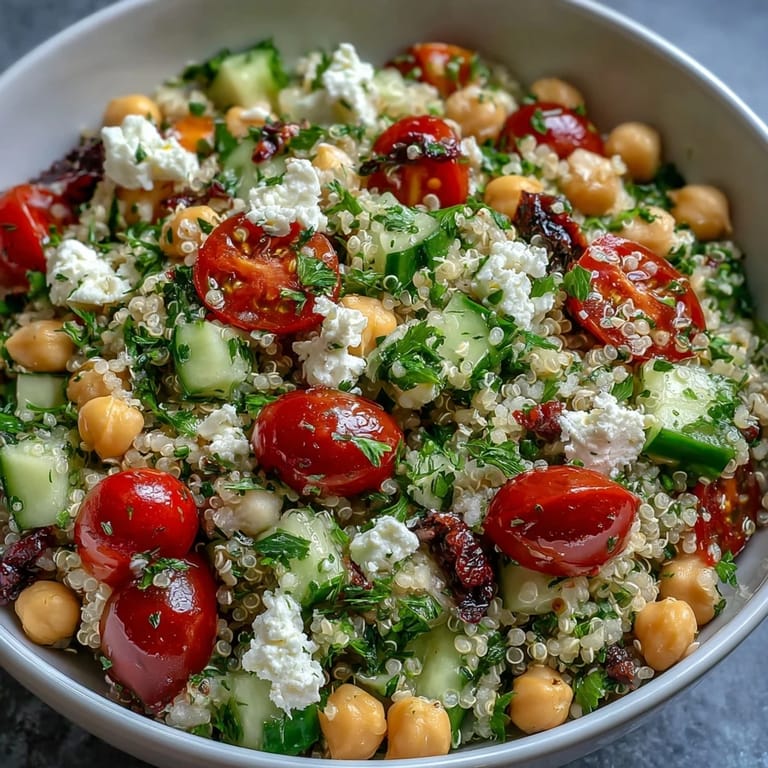 A freshly tossed High Protein Quinoa & Chickpea Salad featuring fluffy quinoa, chickpeas, and vibrant herbs in a lemony dressing.
