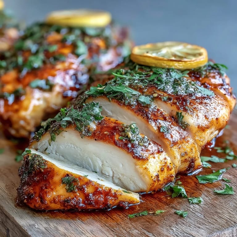 Perfectly seasoned Oven Baked Chicken Breast resting on a parchment-lined baking sheet with herbs.