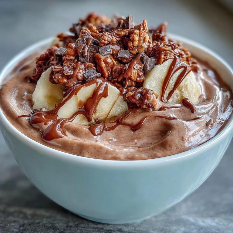 Thick and creamy Chocolate Peanut Butter Smoothie Bowls in a white bowl, drizzled with extra peanut butter for a decadent breakfast.