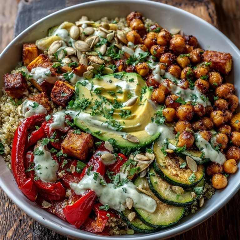 Close-up of a savory Chickpea Power Bowl featuring crisp roasted veggies, golden chickpeas, and fresh herbs, ready for a nourishing meal.