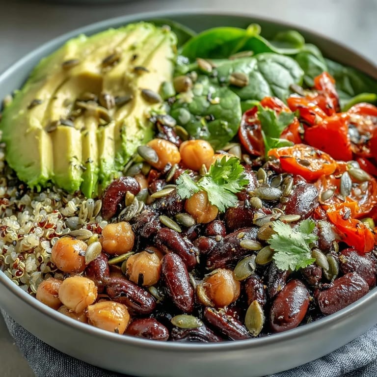 A hearty Three-Bean Power Bowl with quinoa, mixed beans, and colorful vegetables, ready to serve as a protein-packed dinner.