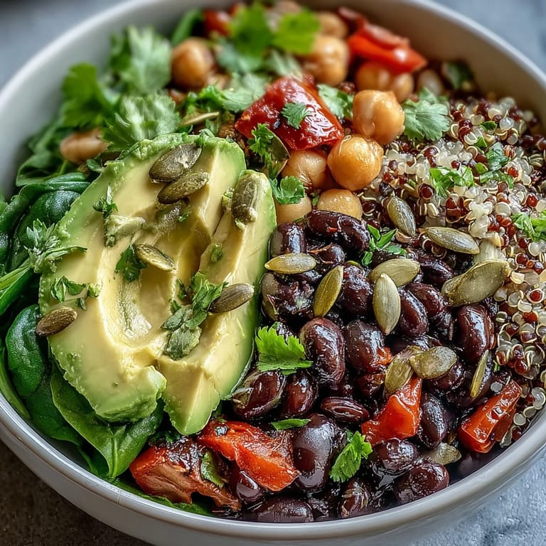 Close-up of a Three-Bean Power Bowl featuring crisp cucumbers, red onion, and a drizzle of tangy mustard vinaigrette.