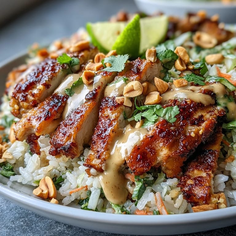 Ready-to-serve Peanut Chicken Power Bowl garnished with cilantro and lime wedges, perfect for a healthy weeknight dinner.