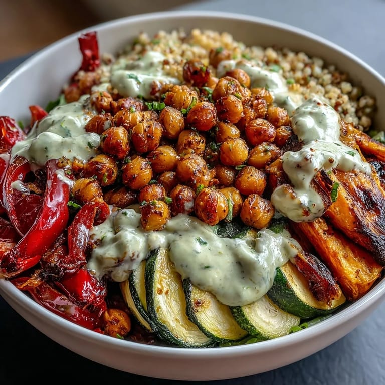 A vibrant Roasted Chickpea Power Bowl topped with creamy avocado and drizzled with tahini.