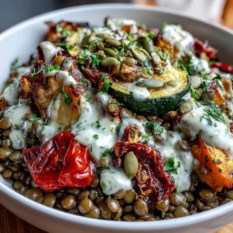 Vibrant Lentil Power Bowl filled with quinoa, tender lentils, colorful roasted vegetables, and crunchy pumpkin seeds, served warm for dinner.