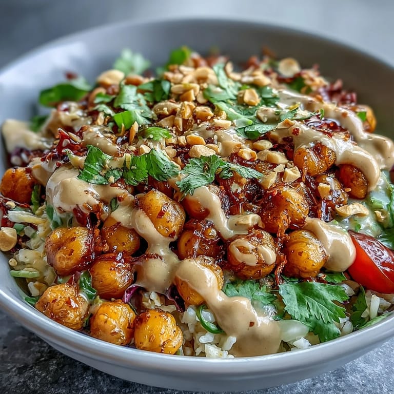 Healthy Peanut Chickpea Protein Bowl drizzled with spicy peanut sauce, garnished with sesame seeds and fresh cilantro on a rustic plate.