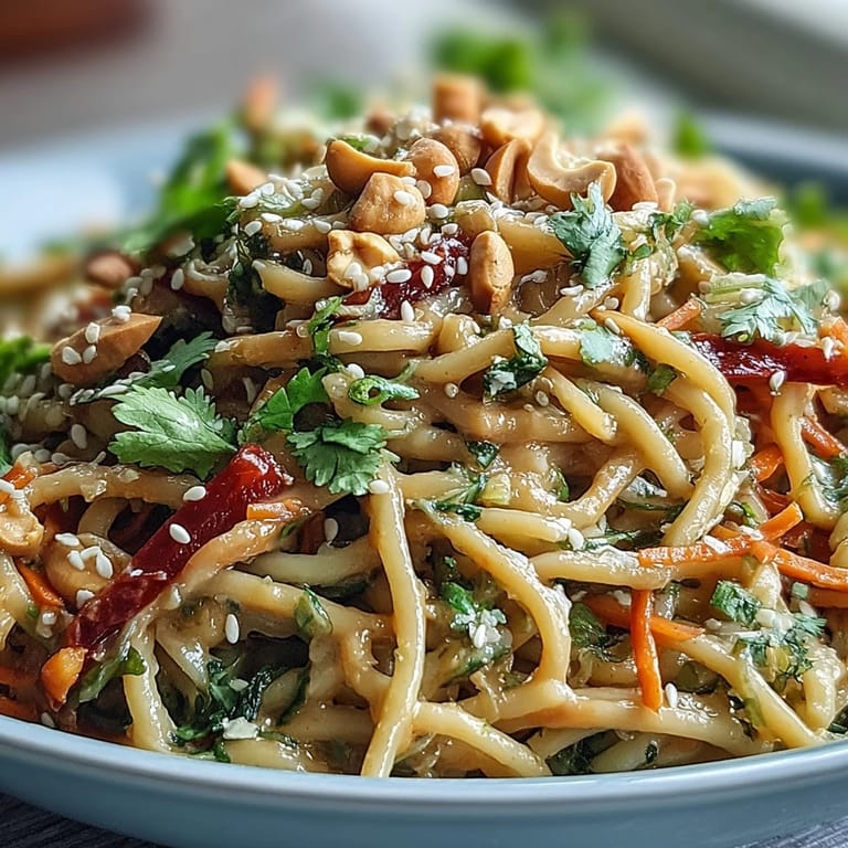 Topped with fresh cilantro and sesame seeds, this Asian Peanut Noodle Bowl is served on a white plate with lime wedges.