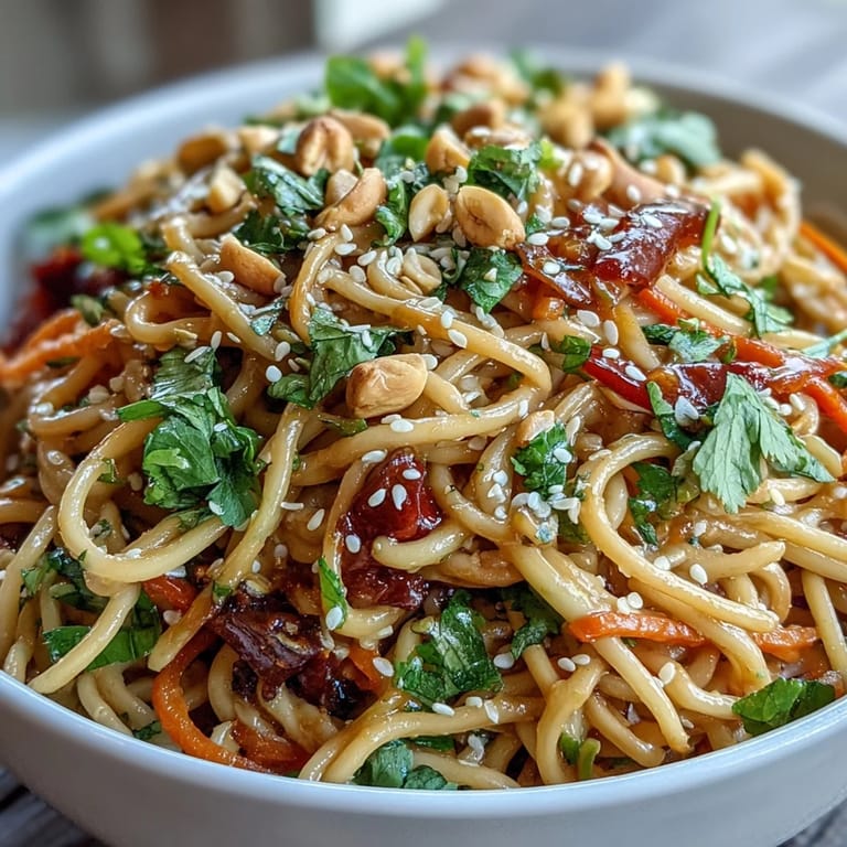 Sizzling shrimp and vibrant vegetables on top of an Asian Peanut Noodle Bowl, ready to be served for a hearty dinner.