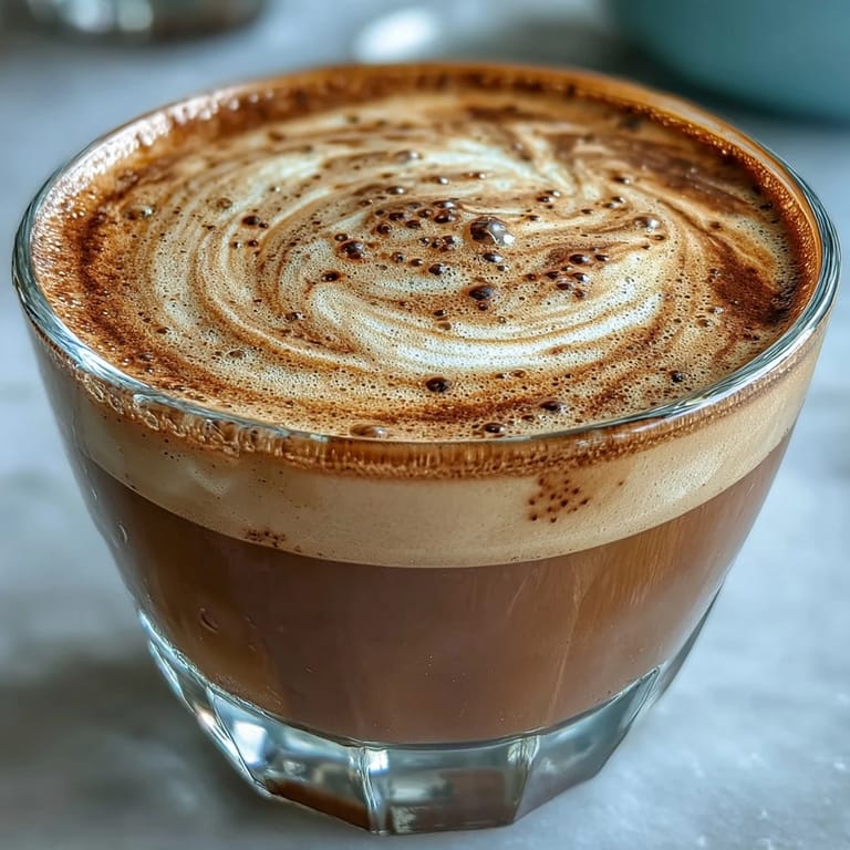 Creamy Hojicha Flat White topped with latte art beside roasted hojicha tea leaves on a counter.