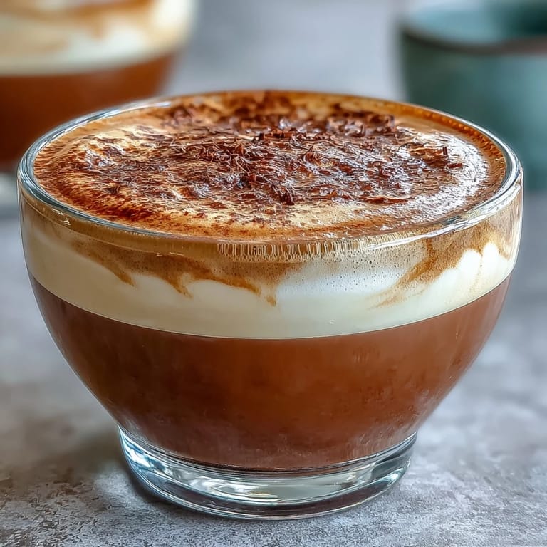 Close-up of a hojicha cortado beside loose roasted tea leaves and a cinnamon stick.