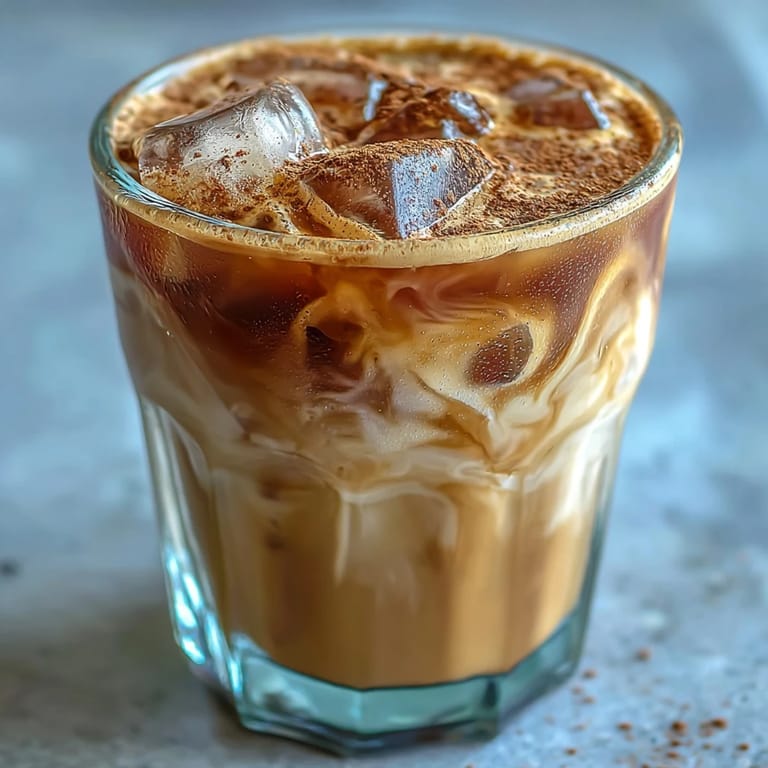 A refreshing glass of Iced Hojicha with Cinnamon topped with a sprinkle of spice and a wooden stirrer.