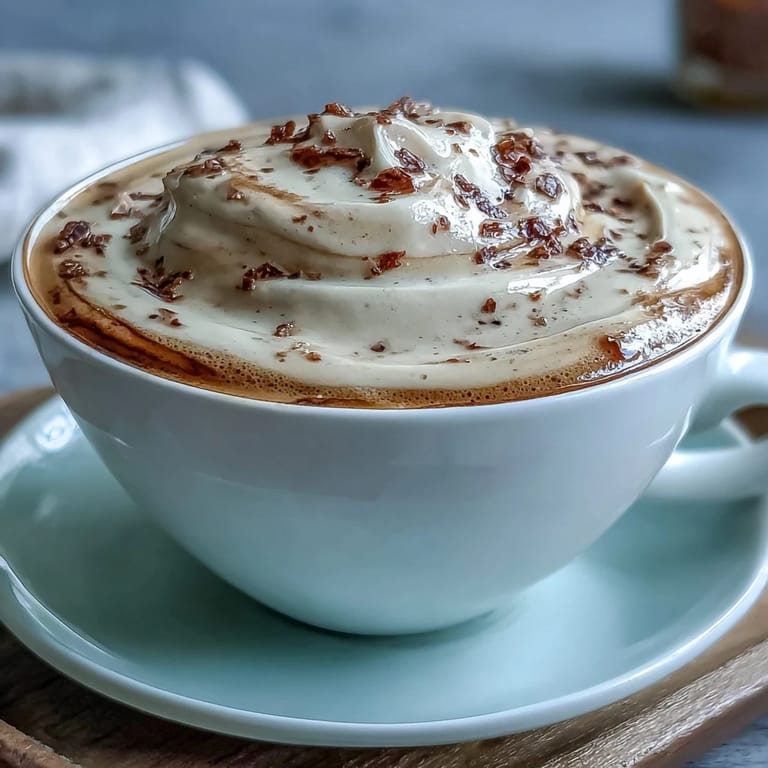 A close-up of Hojicha Macchiato showing the creamy milk froth swirling in the rich, amber-hued roasted green tea.