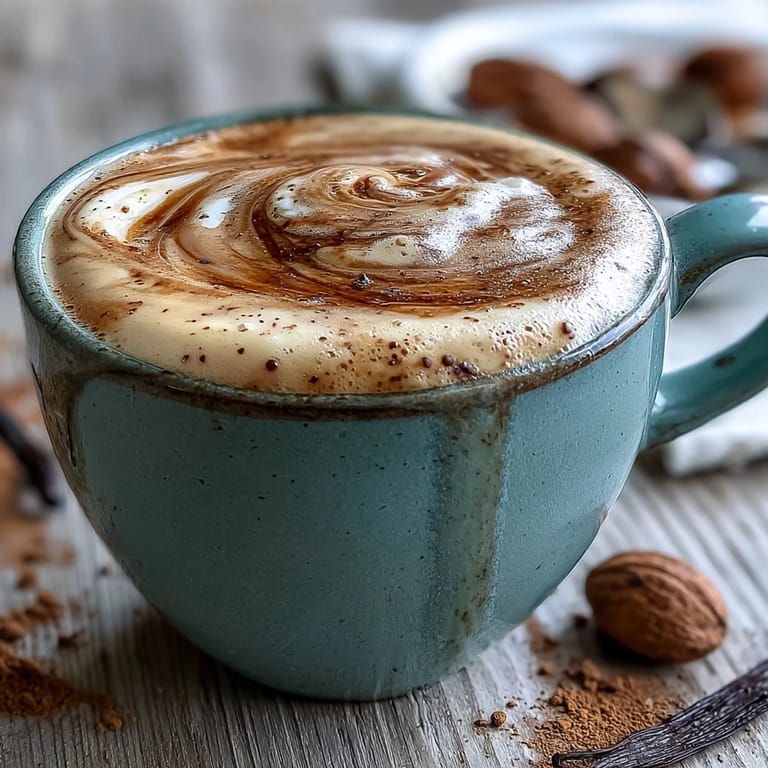 Close-up of creamy Hojicha Latte with Vanilla Extract, featuring rich brown tones and aromatic steam.