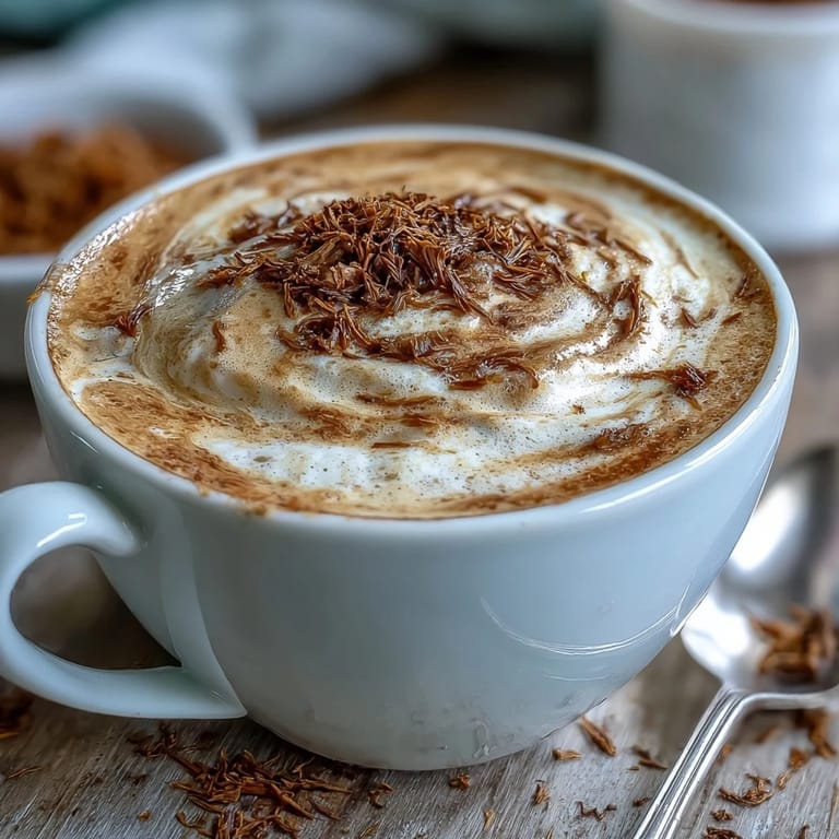 Warm Hojicha Cappuccino with steamed milk and toasted matcha-like hues, served alongside a delicate Japanese wagashi sweet.