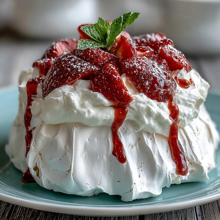 Individual mini pavlovas with strawberries and cream: airy, sweet meringue bases crowned with fresh whipped topping and ripe berries.