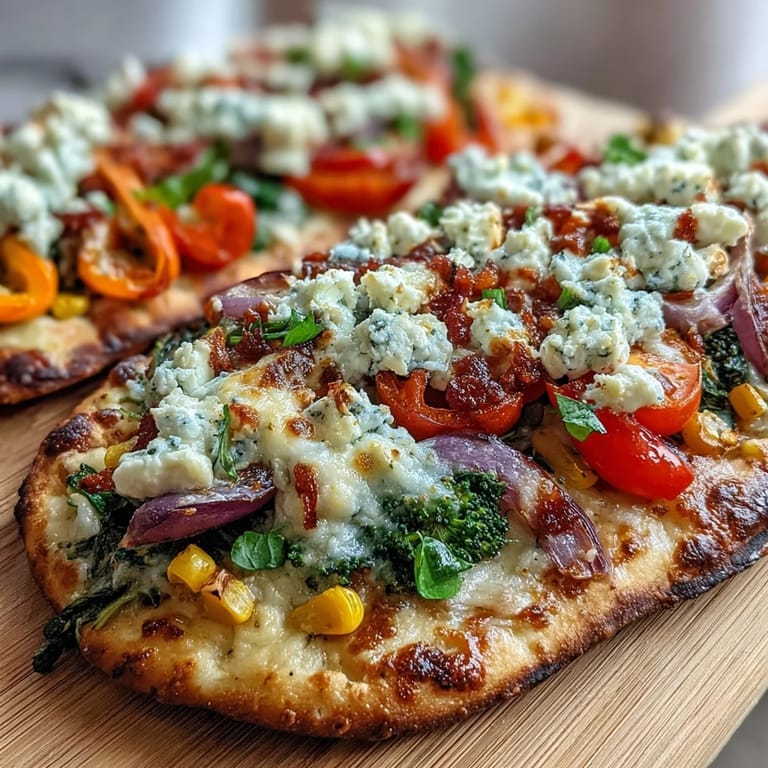 Festive St. Patricks Day rainbow veggie flatbread pizza featuring a colorful array of fresh vegetables, creamy cheeses, and a crisp golden crust.