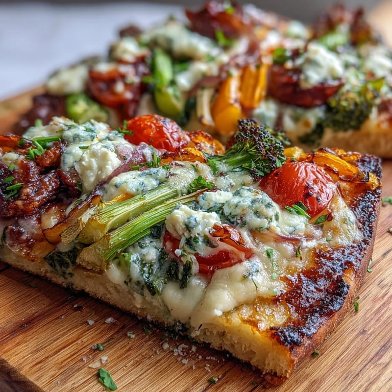 Healthy St. Patricks Day rainbow veggie flatbread pizza showcasing bright red tomatoes, orange peppers, yellow corn, green spinach, and purple cabbage on a warm, cheesy base.