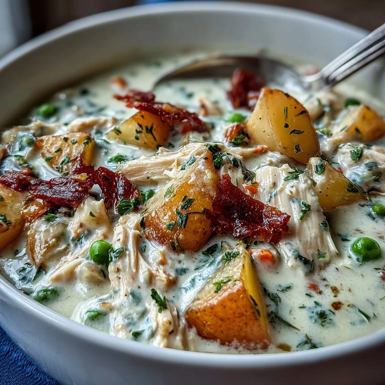 Hearty slow cooker chicken pot pie soup, topped with golden biscuits for a comforting, homestyle meal.