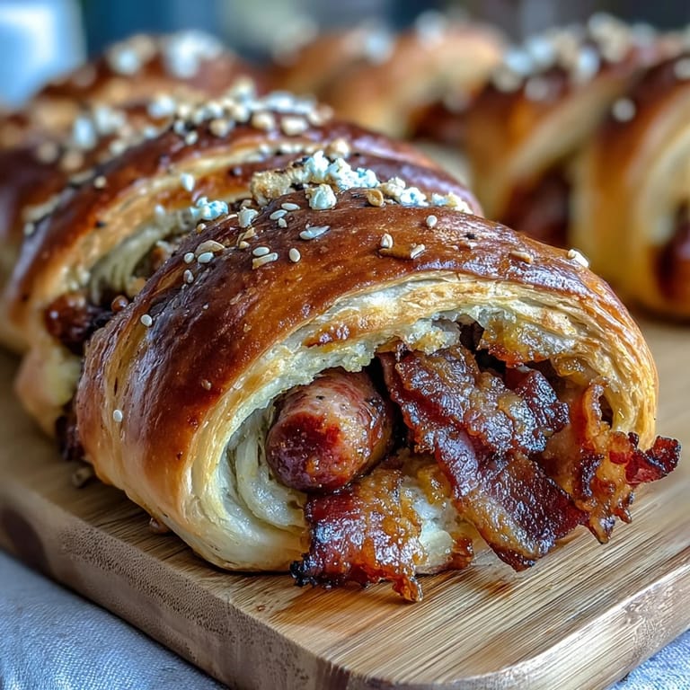 Crispy crescent-wrapped cocktail sausages baked to golden perfection, paired with creamy honey Dijon dipping sauce for parties.