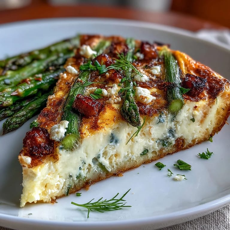 Spring brunch frittata featuring fresh asparagus, crumbled goat cheese, and herbs, served warm in a cast iron skillet.