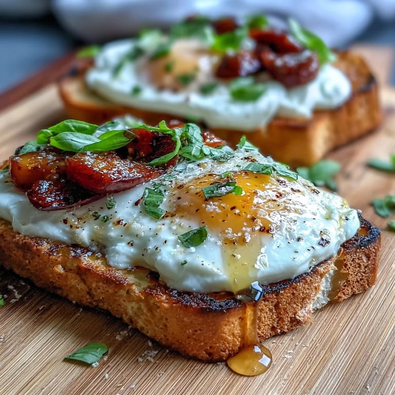 Elegant Honey Peach Burrata Toast featuring juicy peach slices and burrata cheese, drizzled with honey and olive oil, garnished with basil.  