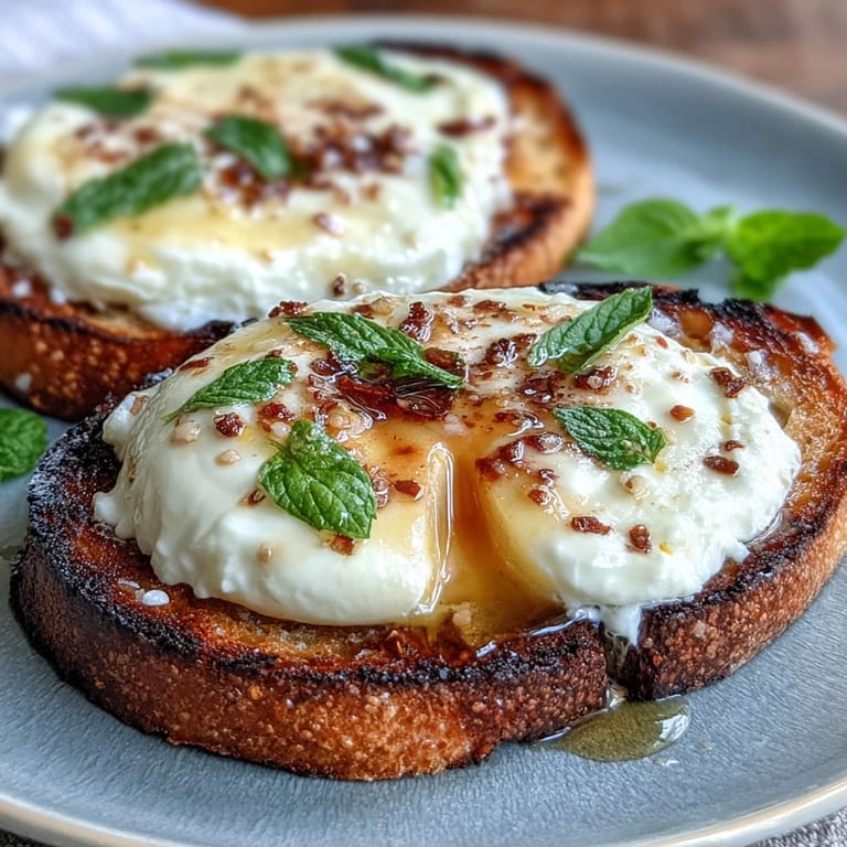 Fresh Honey Peach Burrata Toast with ripe peaches, burrata, and honey on toasted bread—perfect for a light and vibrant spring appetizer.