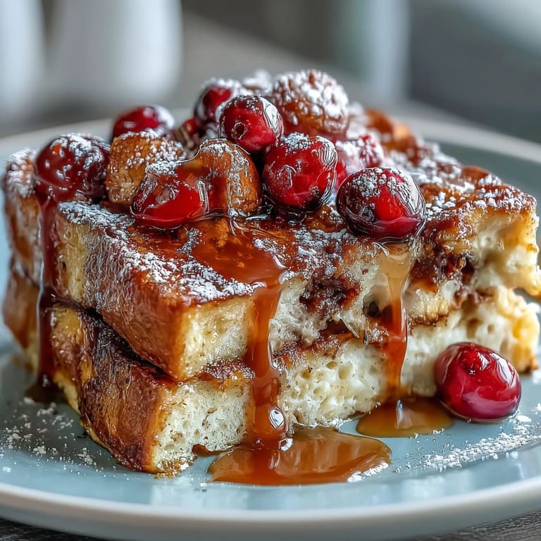 Oven-baked blueberry pancake casserole, topped with a sprinkle of sugar, sliced into squares for an easy family breakfast.