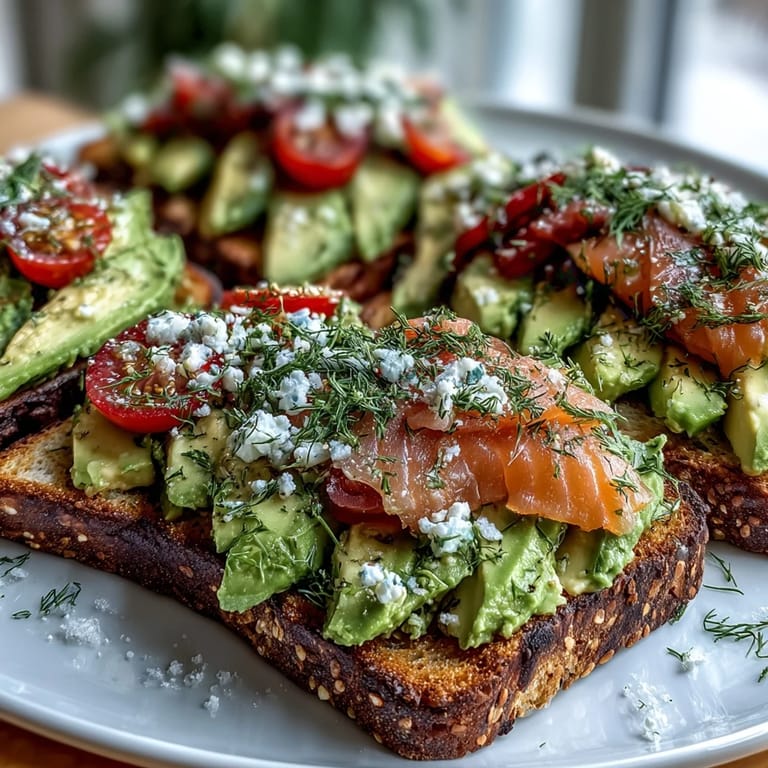 2. Vibrant avocado toast board with smoked salmon, ripe cherry tomatoes, cucumber, and radishes, perfect for a fresh spring brunch.