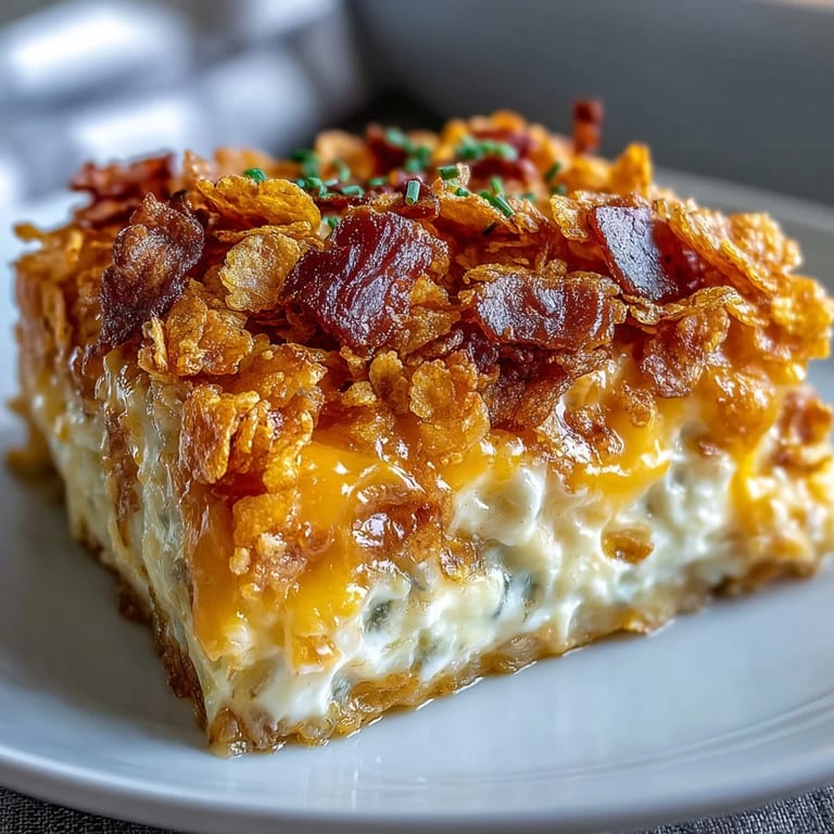 Warm, cheesy hash brown casserole served with a crispy golden cornflake crust, perfect for holiday meals.