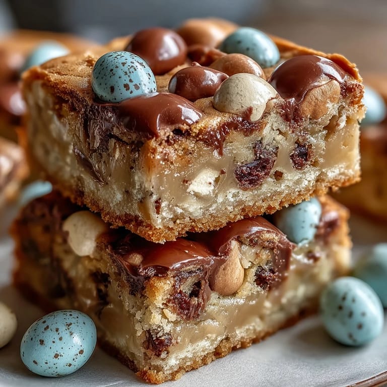 Soft, chewy peanut butter cookie bars loaded with Easter egg candies and chocolate chips.