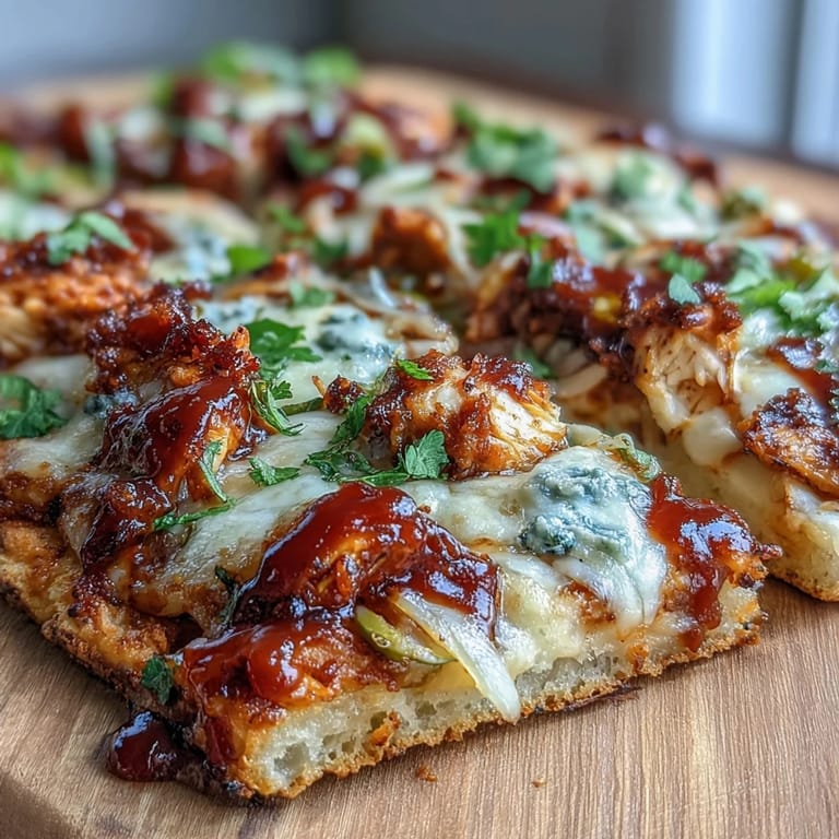 Smoky BBQ chicken flatbread pizza loaded with fresh veggies, cilantro, and a tangy BBQ drizzle for a perfect summer dinner.