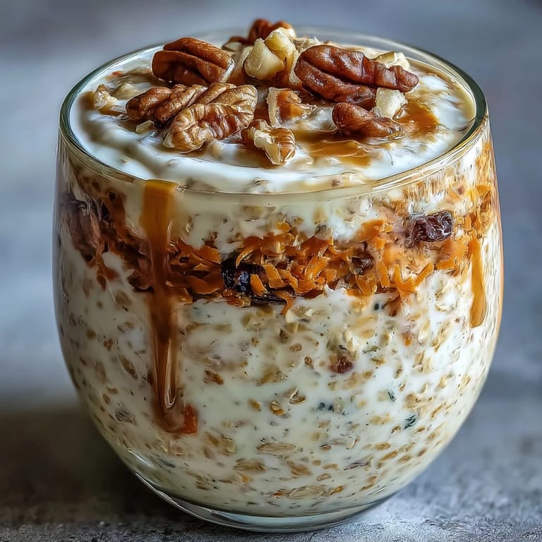 A jar of carrot cake overnight oats layered with spiced oats, crunchy walnuts, and sweet raisins, ready for a nourishing breakfast.