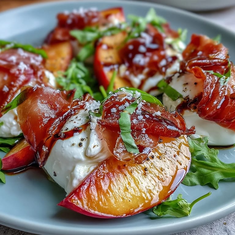Light and refreshing burrata and peach salad with prosciutto, fresh basil, and tangy balsamic drizzle, perfect for warm-weather dining.