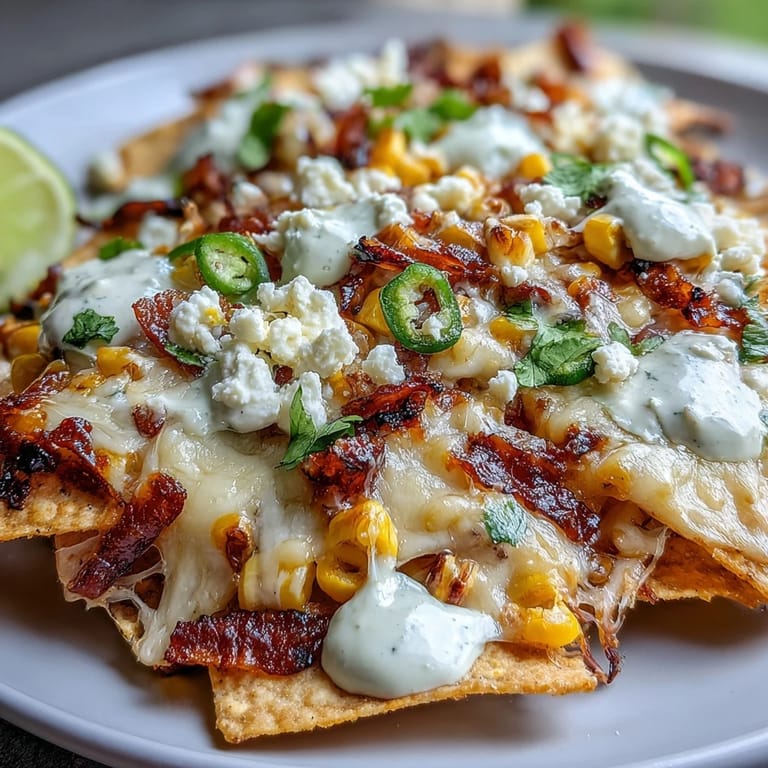 Crispy tortilla chips topped with Mexican street corn, Monterey Jack, and smoky chipotle crema drizzle.  