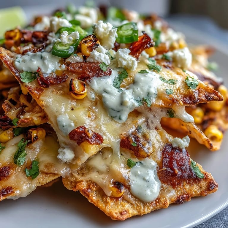 Festive elote nachos baked to golden perfection, finished with cotija, jalapeño, and lime wedges for extra zing.