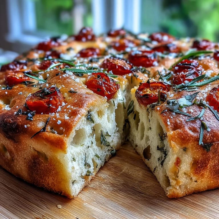 Herb-studded focaccia with juicy cherry tomatoes, fragrant rosemary, and basil, baked to golden perfection for a rustic appetizer.