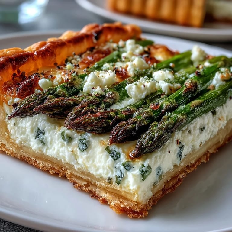 A vegetarian asparagus ricotta tart baked until golden, garnished with chives and perfect for brunch or light lunch.