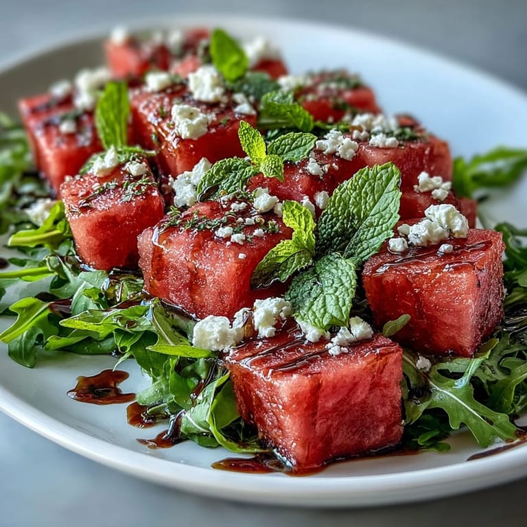 Juicy Watermelon Feta Arugula Salad, a refreshing summer dish with creamy cheese.