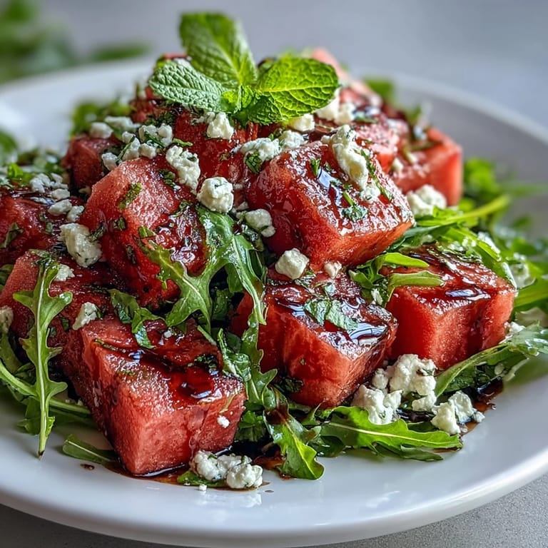 Colorful Watermelon Feta Arugula Salad, drizzled with sweet balsamic reduction, ready to serve.